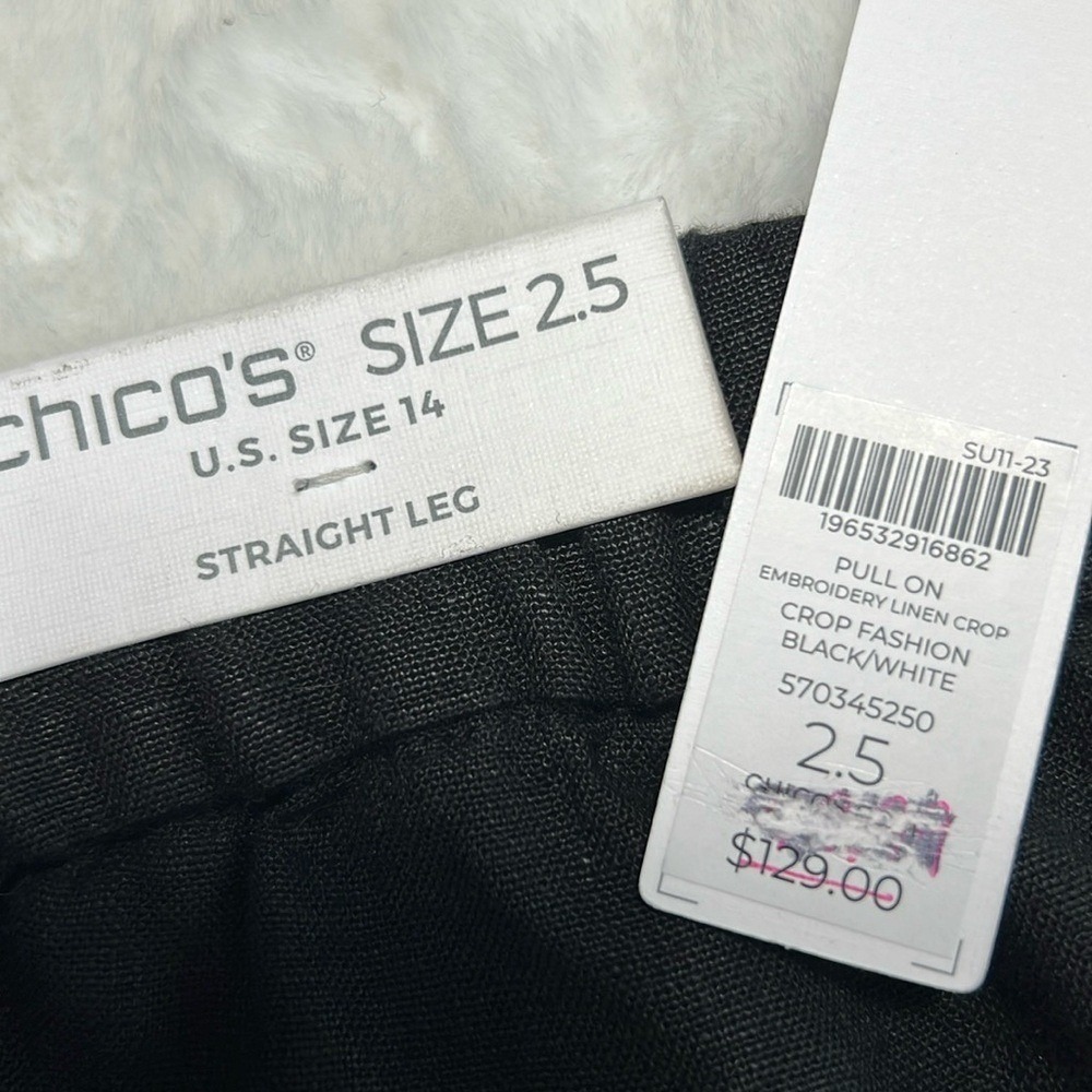 Chicos Linen Crop Straight Pant 14 Black White Embroidery Lightweight Pockts NEW - Picture 3 of 17
